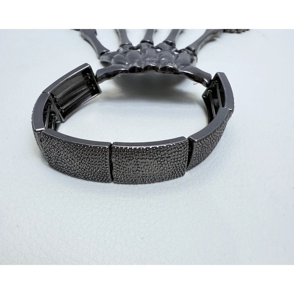Gothic‎ Skeleton Hand Bracelet w/ Finger Rings Gunmetal Stretch Punk Emo Cosplay